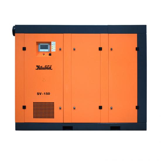 YILUMA SV-150 110 kW permanent magnet variable-frequency screw air compressor – Heavy-duty model overall appearance diagram; enlarged main unit equipped with a DN80 large-diameter flanged exhaust port.